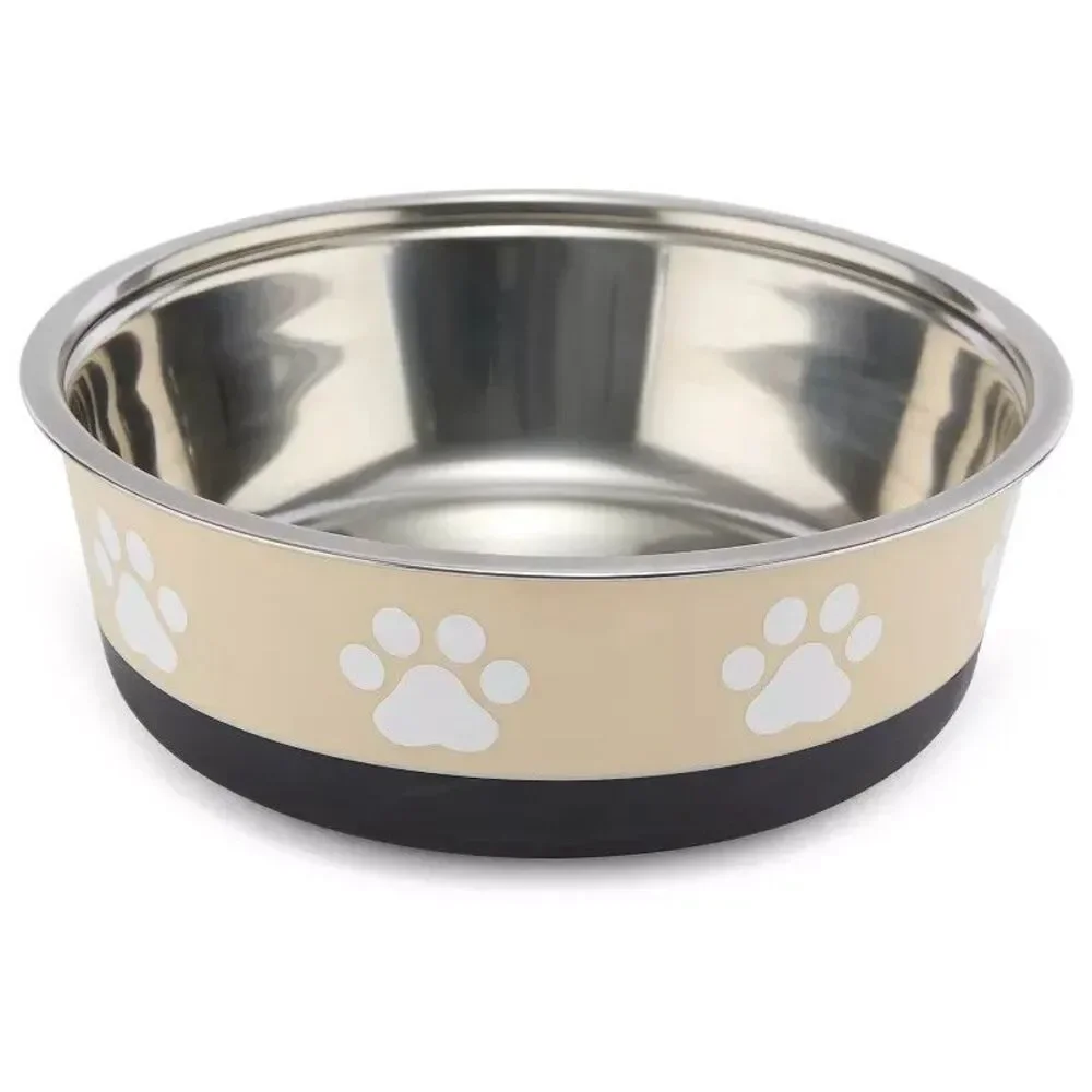 Tan Pet Bowl with Pawprint Design Stainless Steel Dog Food Bowl - large